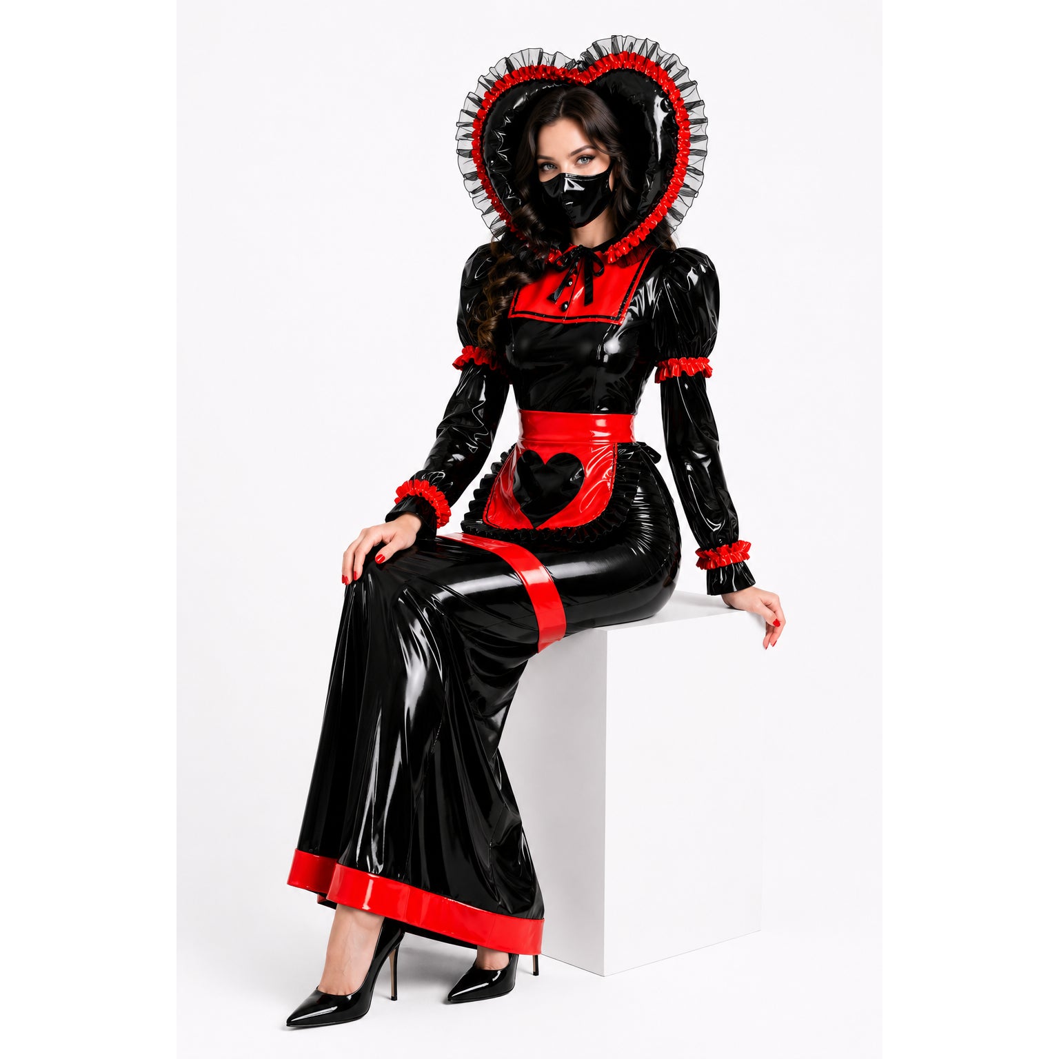 Black and red PVC sissy maid dress with heart hood, ruffles, and apron, styled for fashion or costume wear.