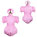 Pink PVC sissy maid dress with puffed sleeves, ruffled collar, and lockable front, shown front and back
