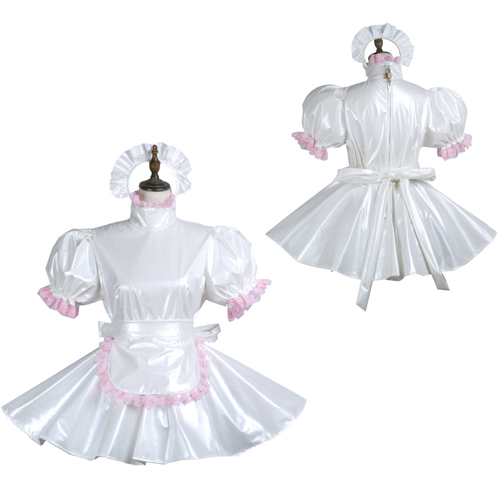 White sissy maid dress with pink ruffles, puffed sleeves, and matching bonnet, shown front and back