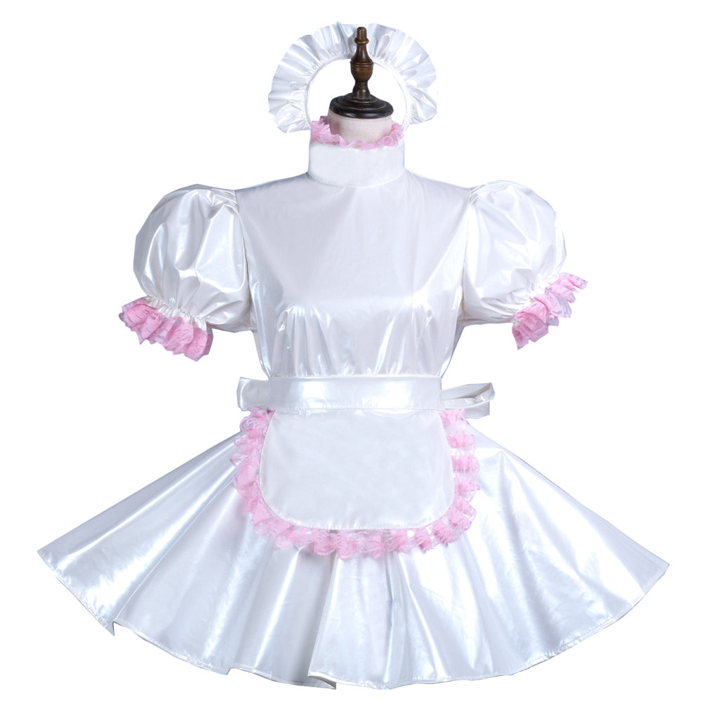 White sissy maid dress with pink ruffles, puffed sleeves, and matching apron on mannequin
