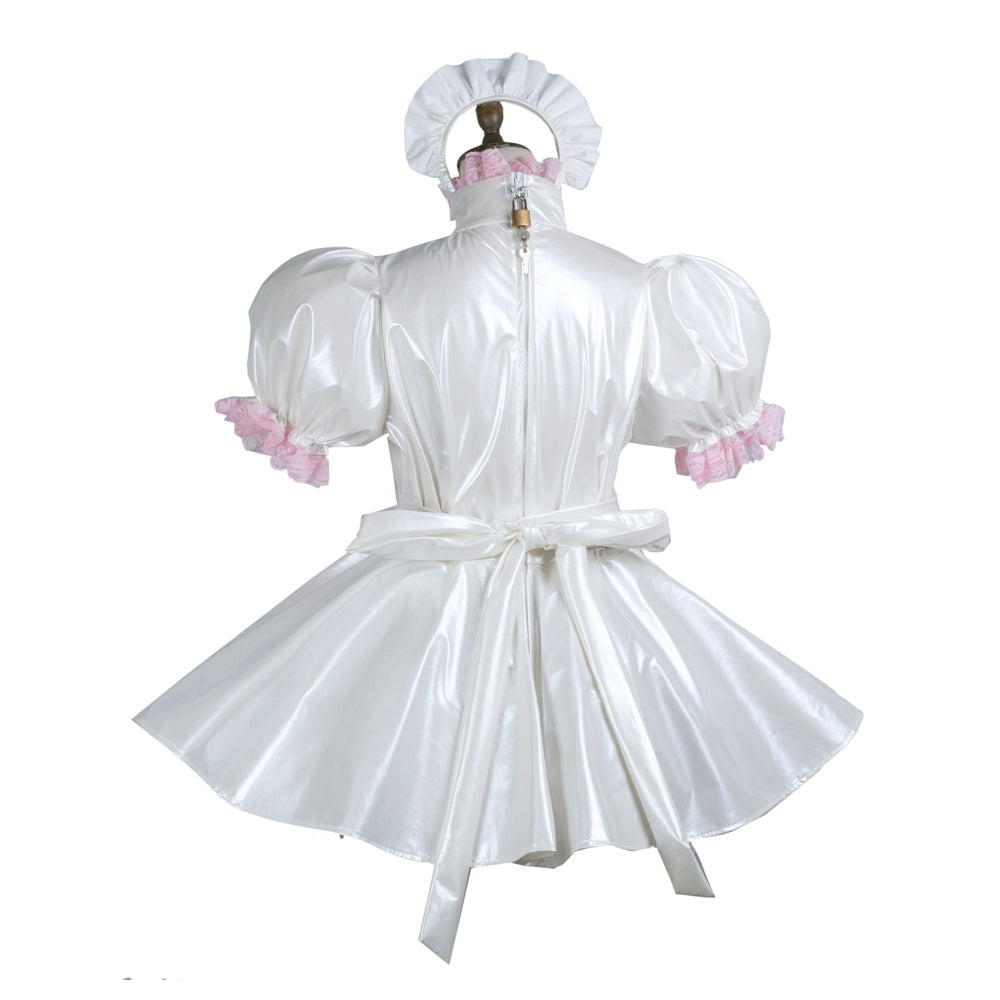 White sissy maid dress with pink ruffles, puffed sleeves, and back zipper, displayed on mannequin