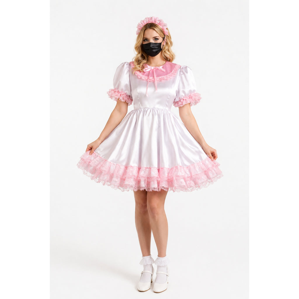 Pink and white sissy maid dress with ruffles, lace trim, and matching headband, styled for boutique costume fashion.