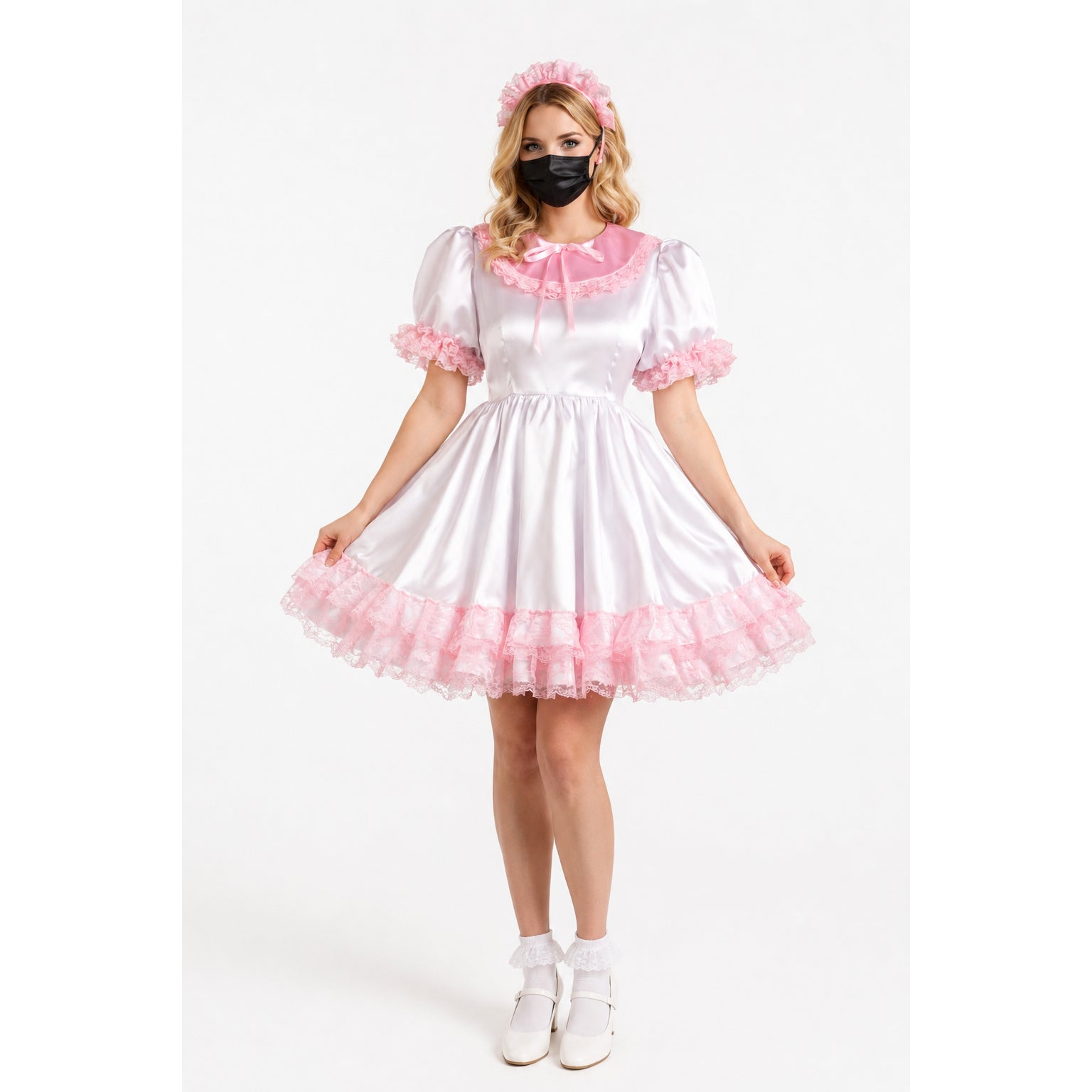 Pink and white sissy maid dress with ruffles, lace trim, and matching headband, styled for boutique costume fashion.