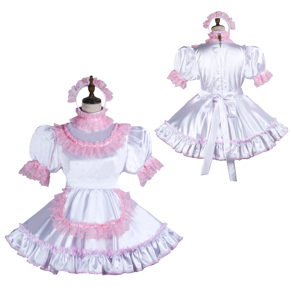 White satin sissy maid dress with pink lace trim, puffed sleeves, and matching headband