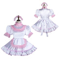 White satin sissy maid dress with pink lace trim, puffed sleeves, and matching headband