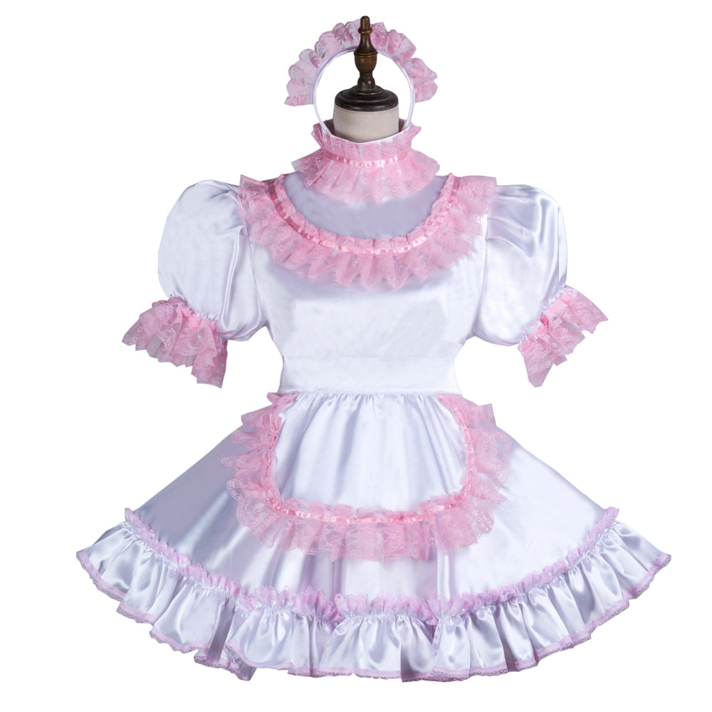 White sissy maid dress with pink lace trim, puffed sleeves, and matching headband on mannequin