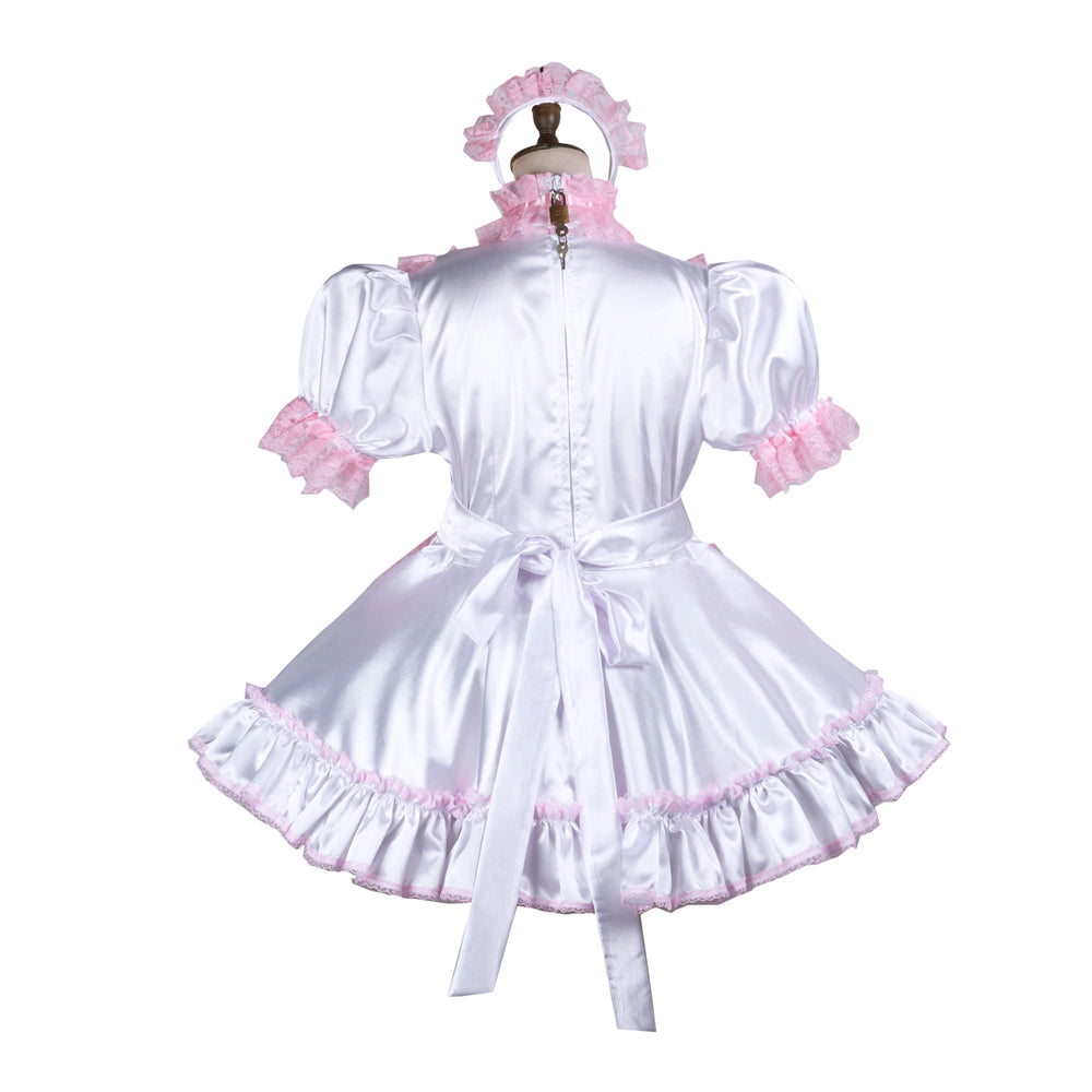 White satin sissy maid dress with pink ruffles, puff sleeves, and matching headband