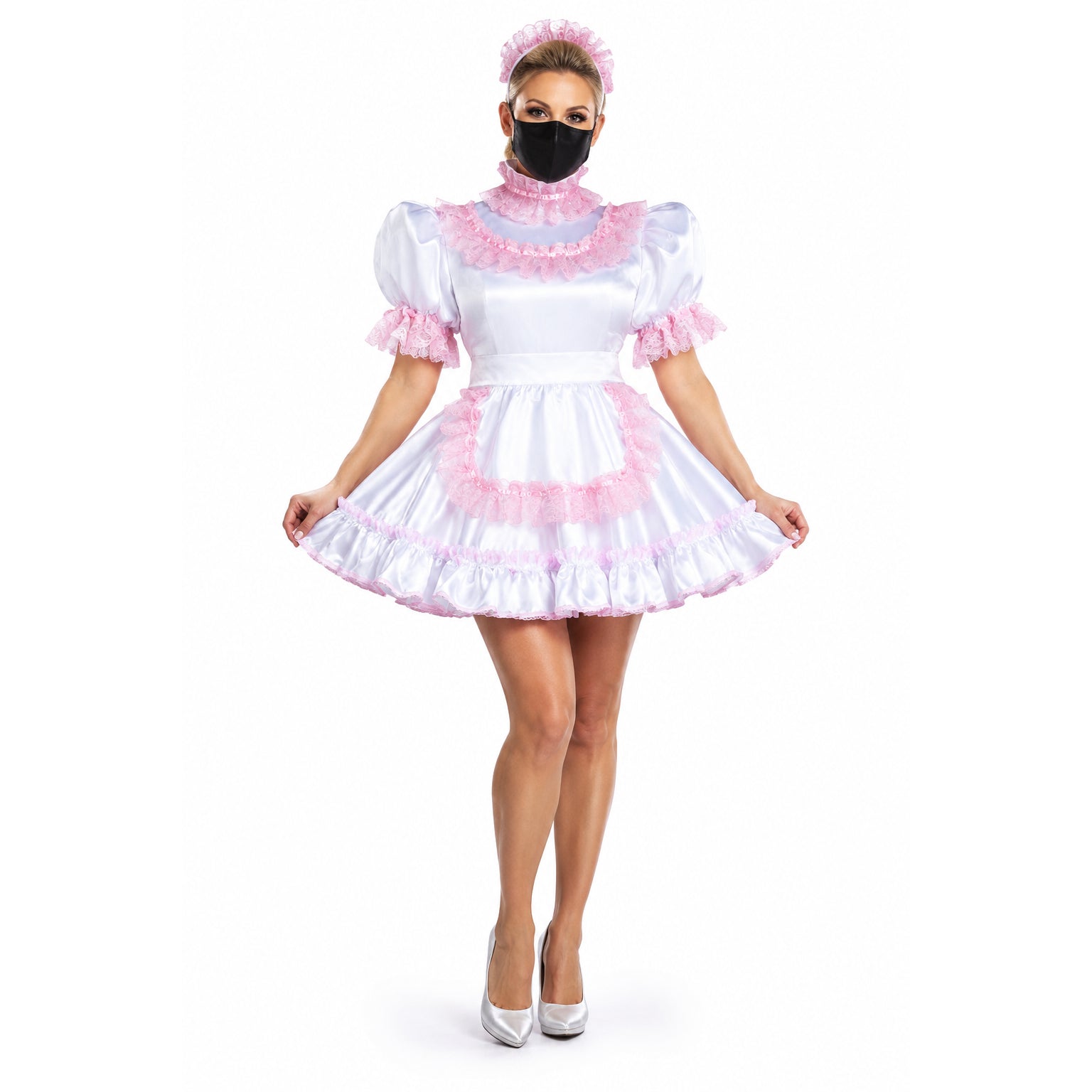 White sissy maid dress with pink lace trim, puffed sleeves, and matching headband for costume fashion