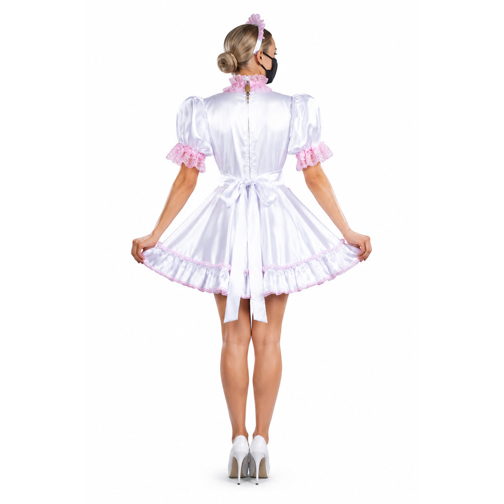 White sissy maid dress with pink lace trim, satin finish, and back bow, shown from behind