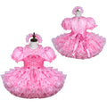 Pink sissy maid dress with ruffles, puff sleeves, and matching headband, shown front and back