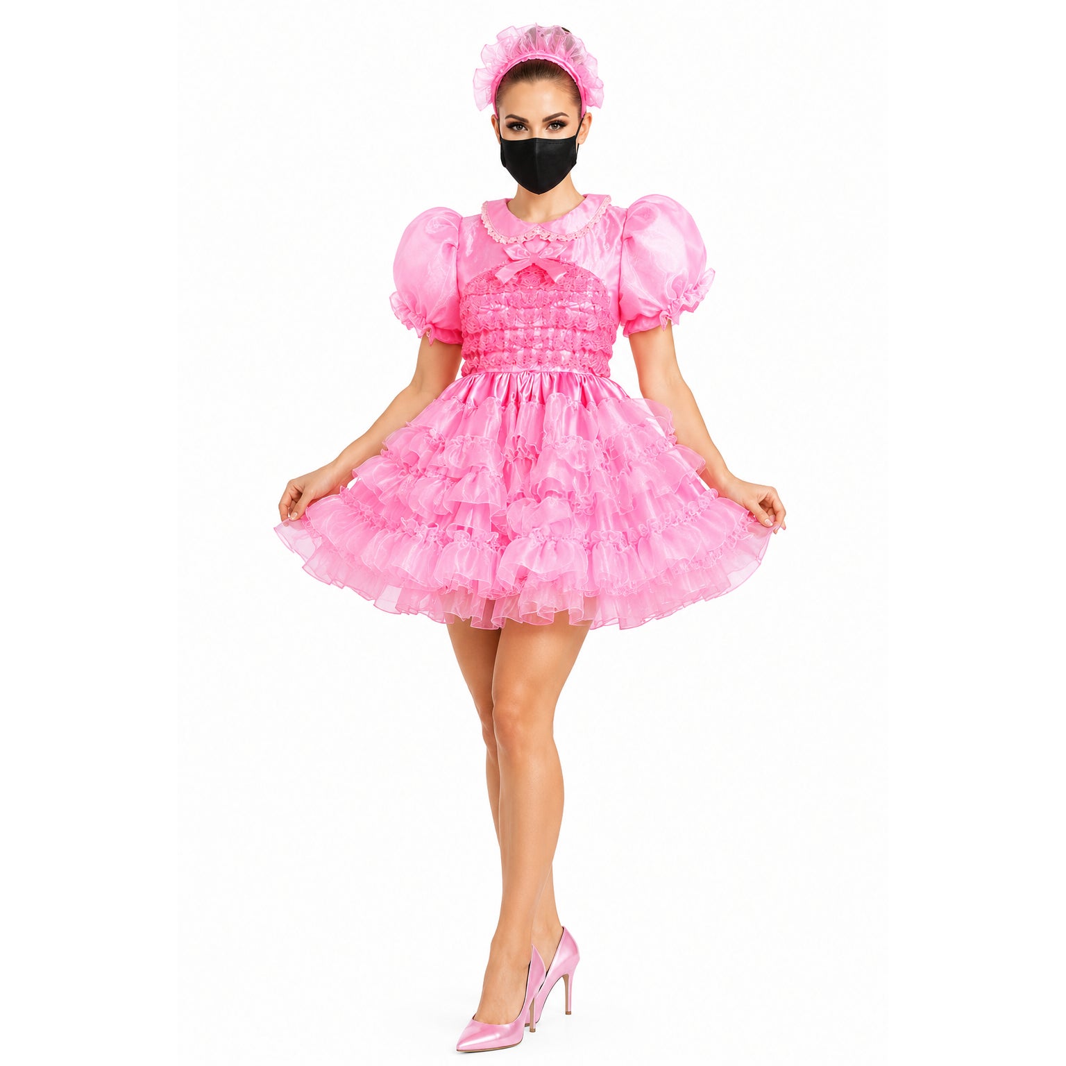 Pink sissy maid dress with ruffles, puff sleeves, and matching headband, styled with heels