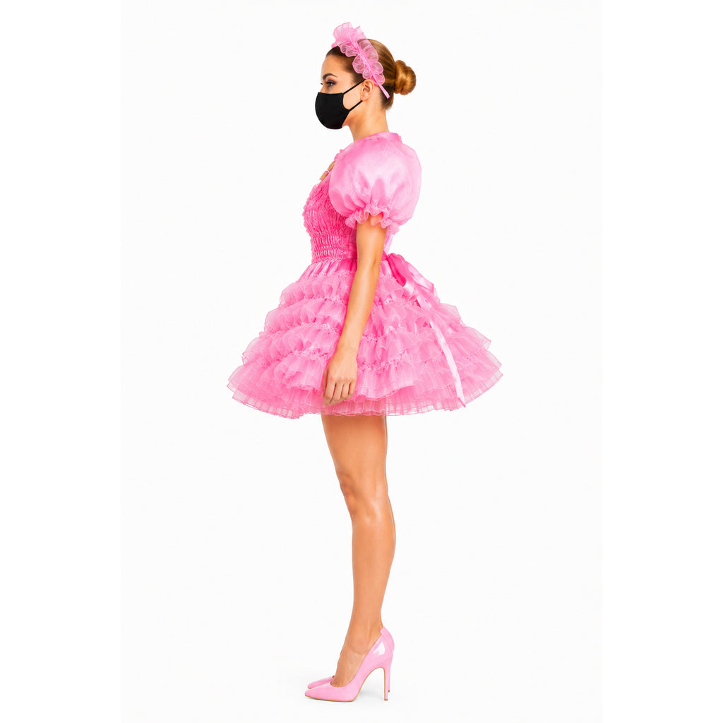 Pink sissy maid dress with ruffles, puff sleeves, matching headband, and heels