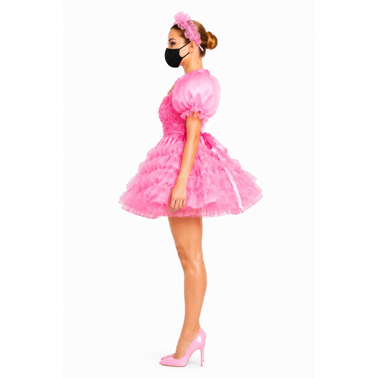 Pink sissy maid dress with ruffles, puff sleeves, matching headband, and heels