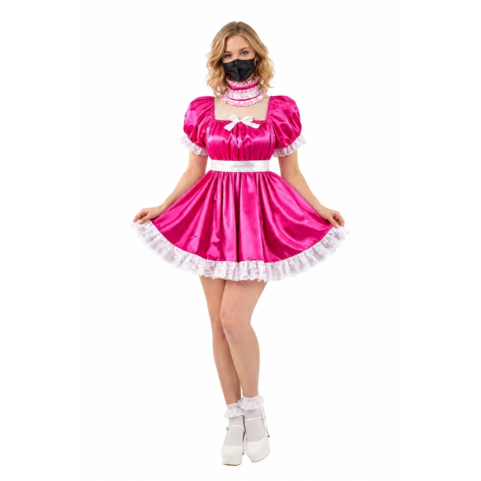 Pink sissy maid dress with white lace trim, ruffled collar, and bow detail