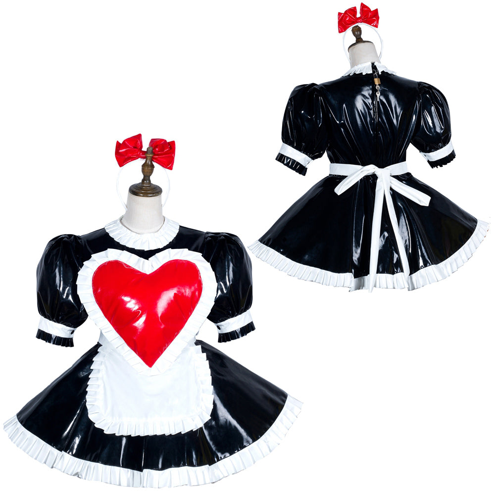 Black PVC sissy maid dress with red heart apron, white ruffles, and matching headband