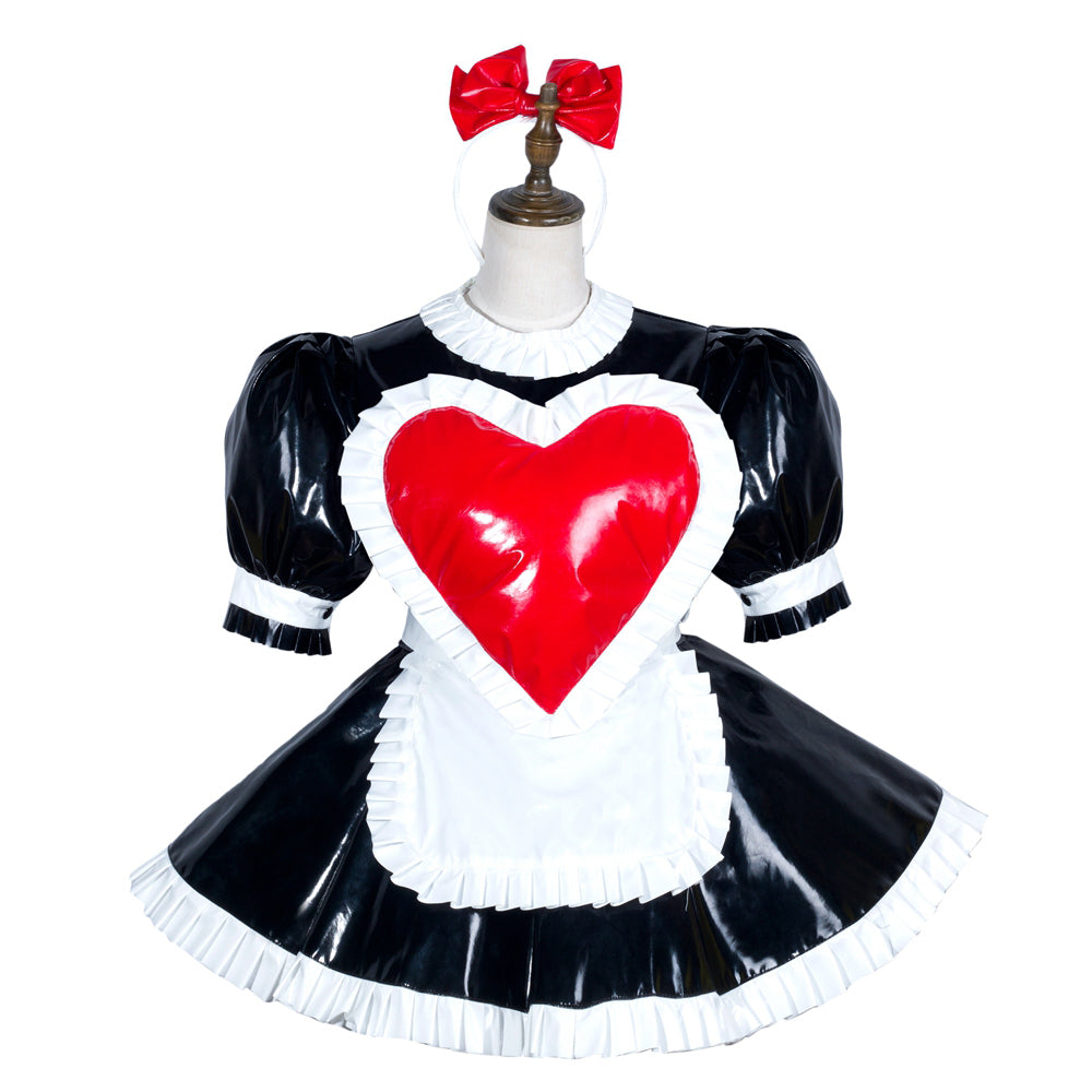 Sissy maid dress with red heart apron, black PVC, white ruffles, and matching headband