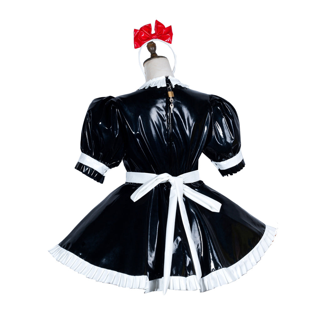 Black PVC sissy maid dress with white trim, red bow headband, and back zipper