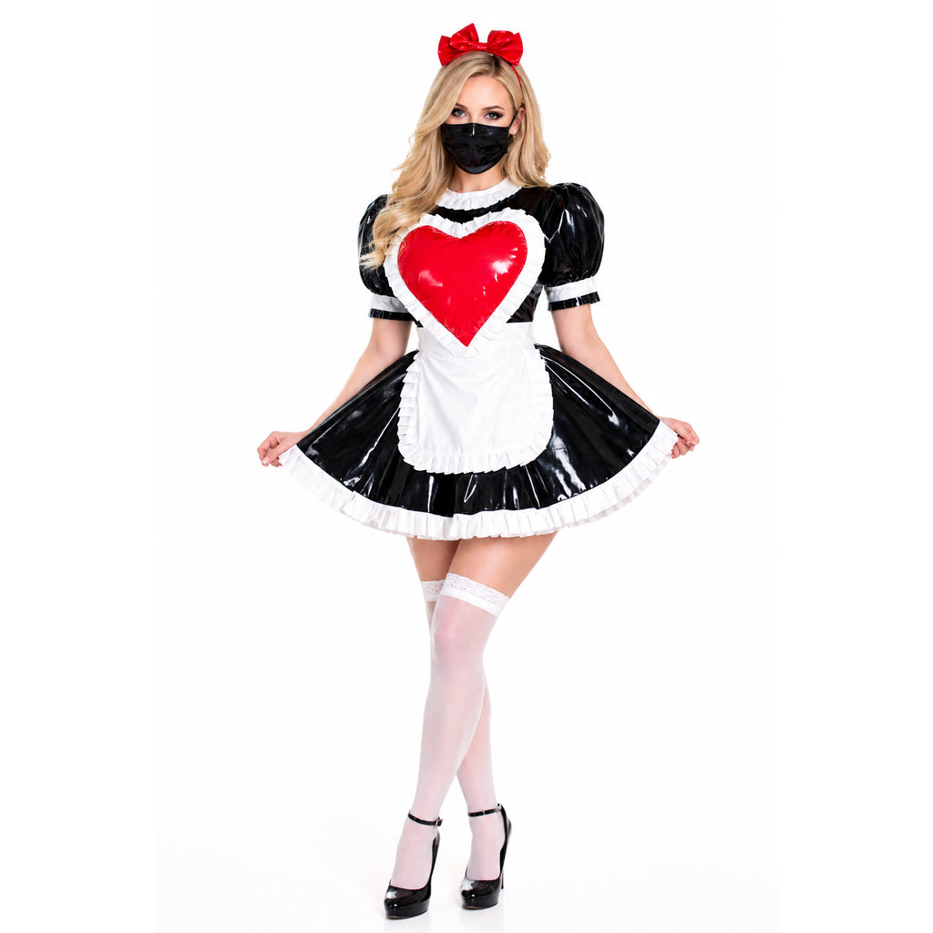 Sissy maid dress with red heart apron, black PVC, white ruffles, and matching accessories