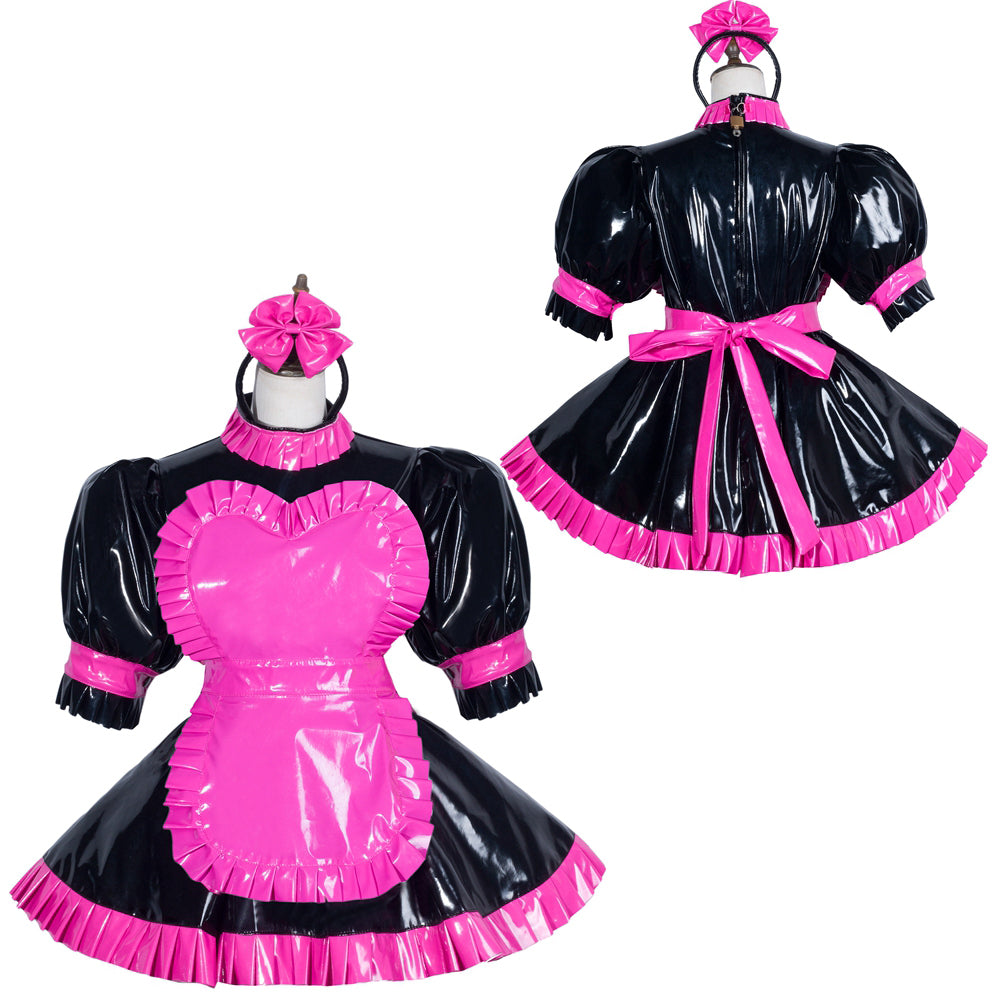 Black and pink PVC sissy maid dress with heart apron, ruffles, and bow headband