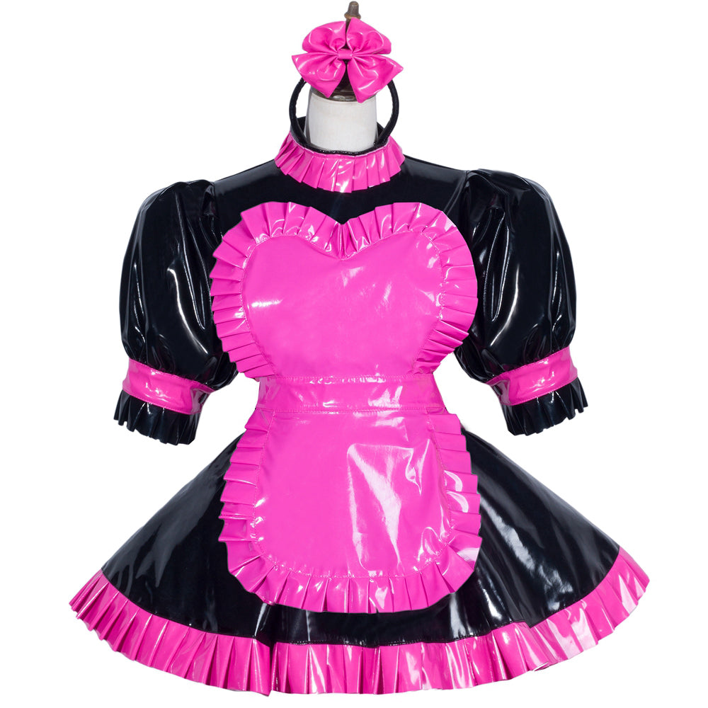Black and pink PVC sissy maid dress with ruffles, heart bust, and matching headband