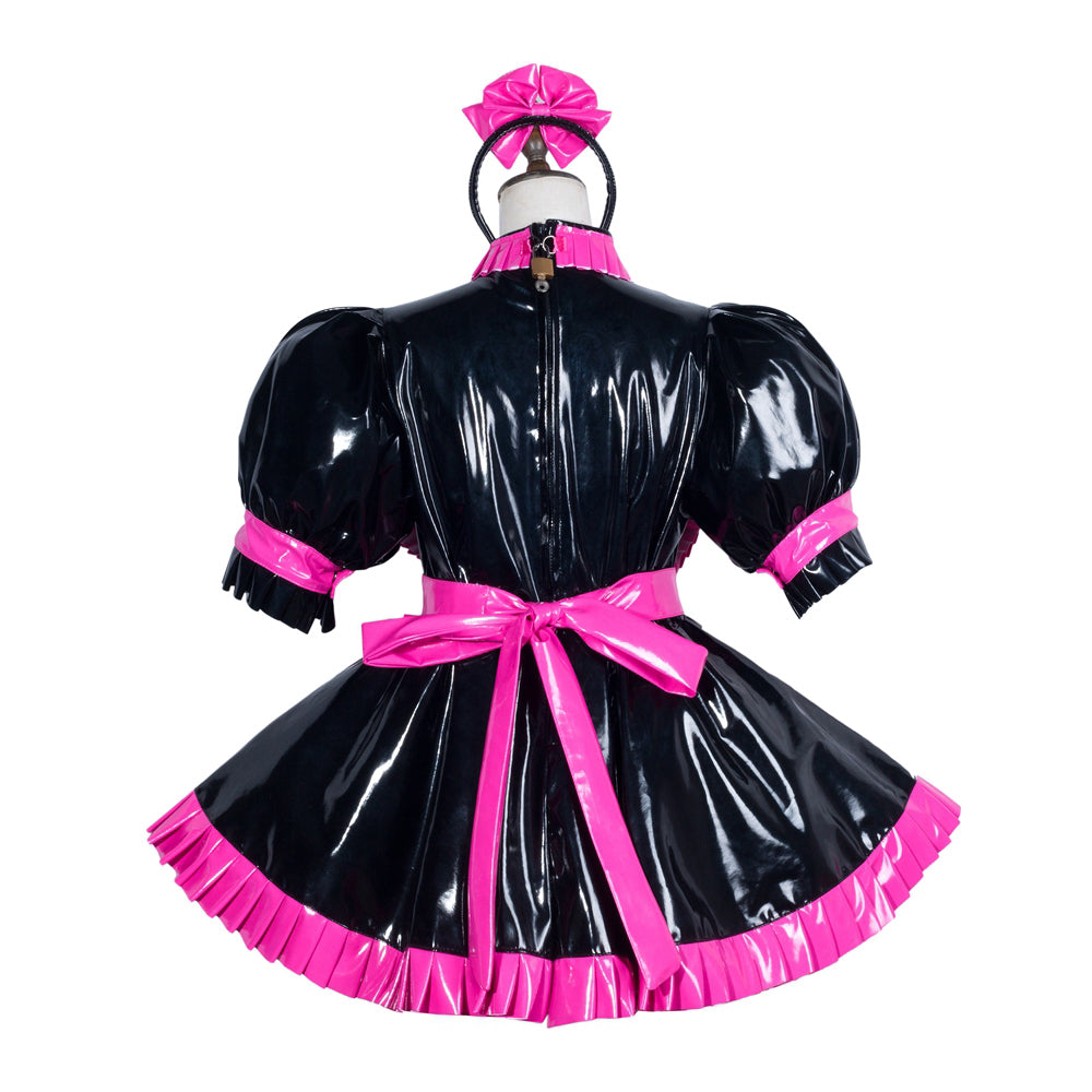 Black PVC sissy maid dress with pink trim, bow, and lockable back zipper
