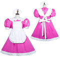 Pink sissy maid dress with white apron and ruffles, PVC material, front and back view