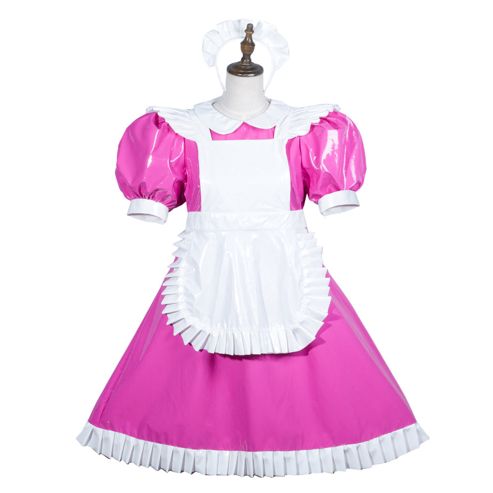 Pink and white sissy maid dress with ruffled apron and PVC sleeves, displayed on mannequin