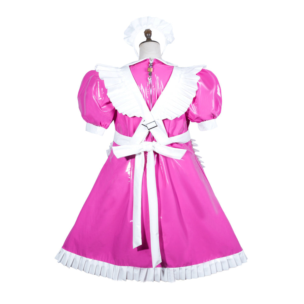 Pink PVC sissy maid dress with white ruffles, apron, and lockable back detail