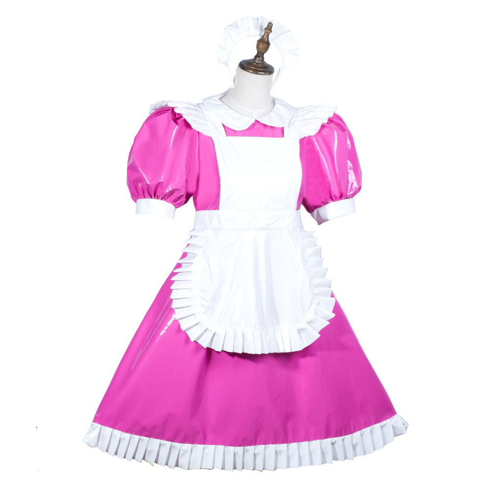 Pink sissy maid dress with white apron and ruffles, displayed on mannequin