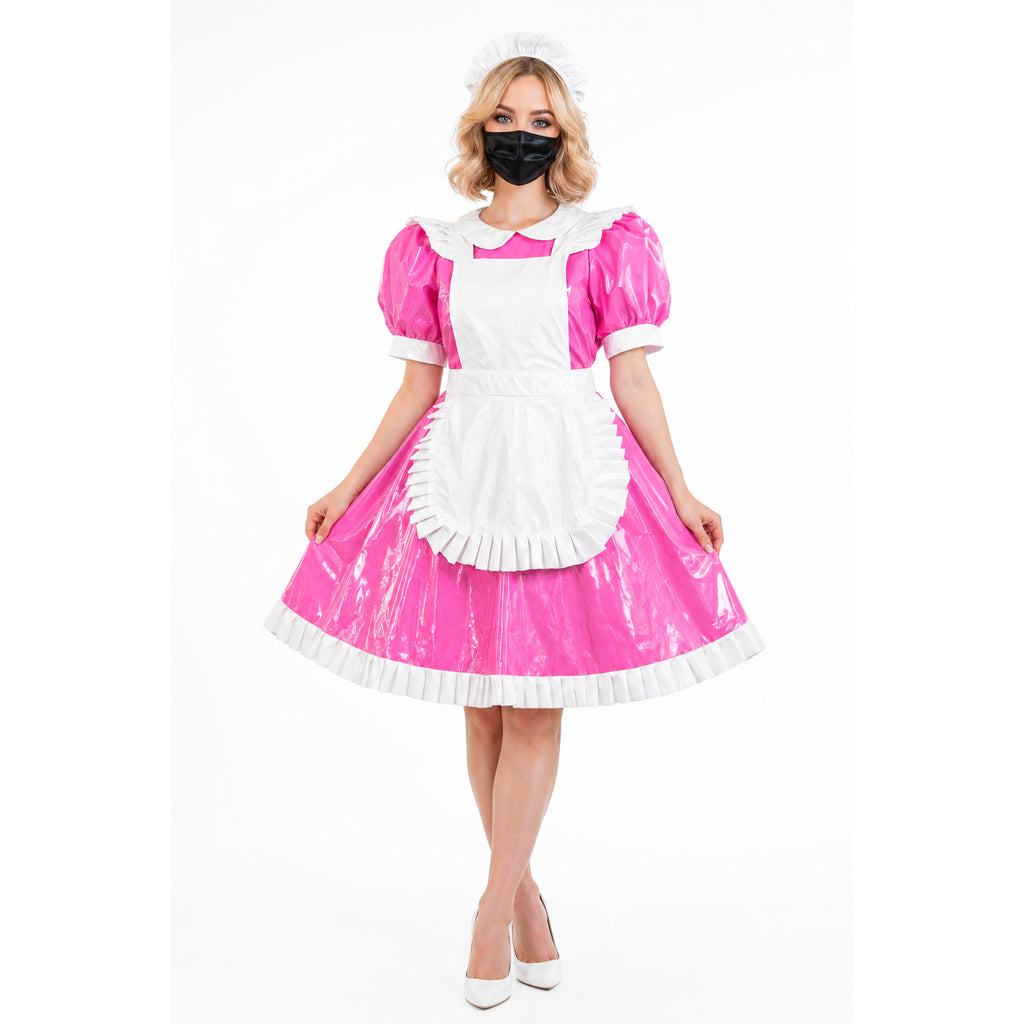 Pink PVC sissy maid dress with white apron, ruffles, and matching hat for costume fashion