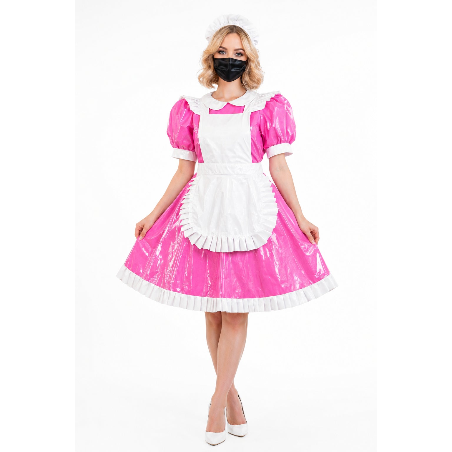 Pink PVC sissy maid dress with white apron, ruffles, and matching hat for costume fashion