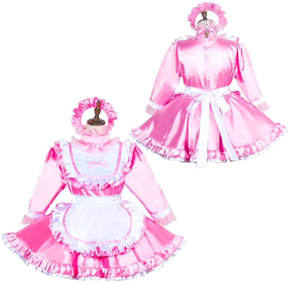 Pink sissy maid dress set with white apron, ruffles, and matching headband, displayed on mannequins