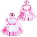 Pink sissy maid dress set with white apron, ruffles, and matching headband, displayed on mannequins
