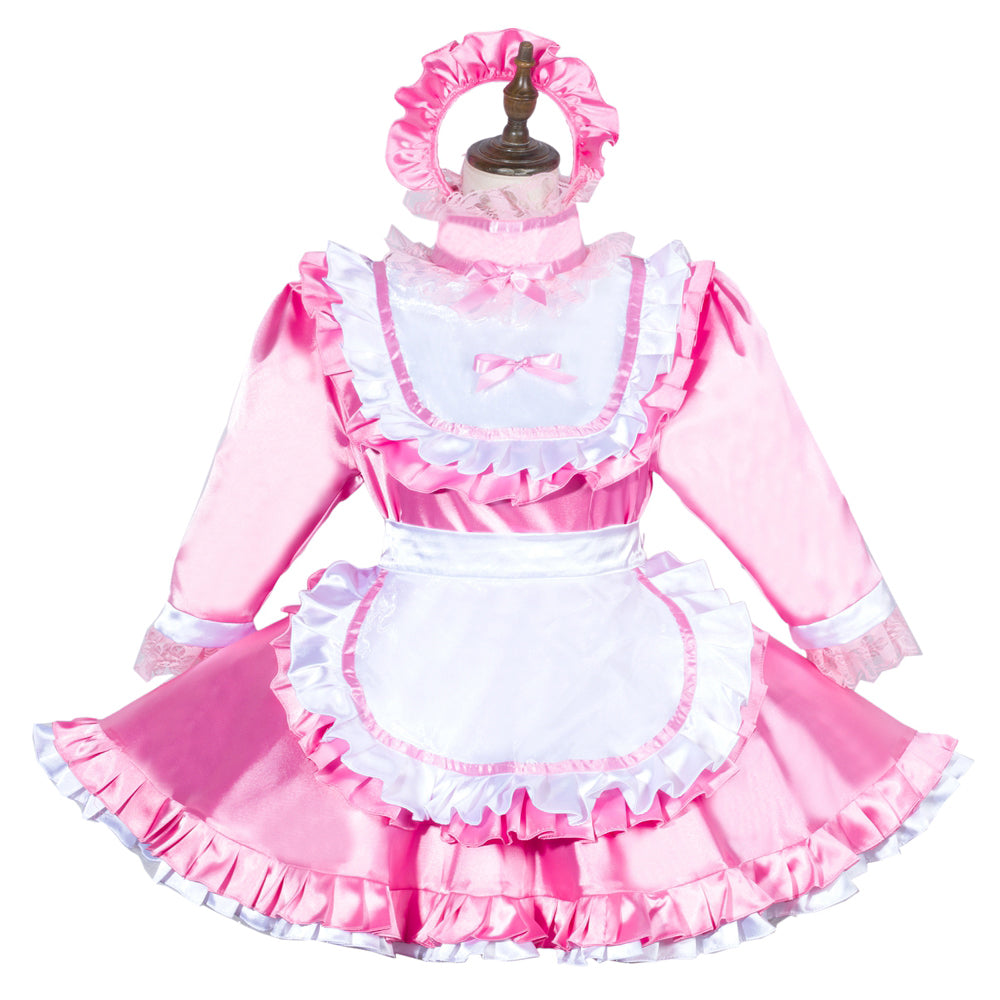 Pink sissy maid dress with white apron, ruffles, and matching headband on mannequin