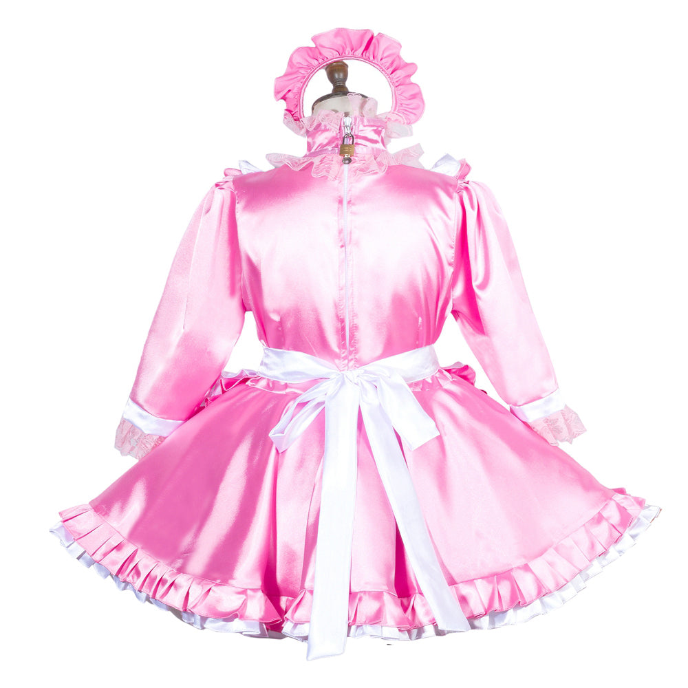 Pink sissy maid dress with white bow, ruffles, and matching headband on mannequin