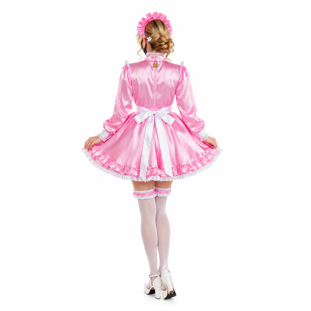 Pink satin sissy maid dress with white bow, ruffles, and matching headband, shown from back