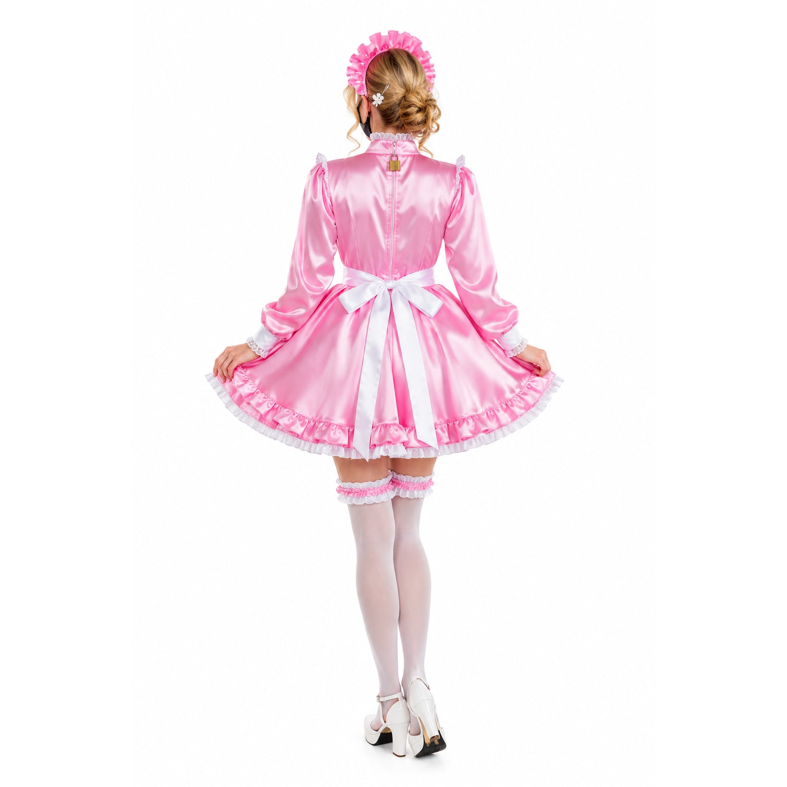Pink satin sissy maid dress with white bow, ruffles, and matching headband, shown from back