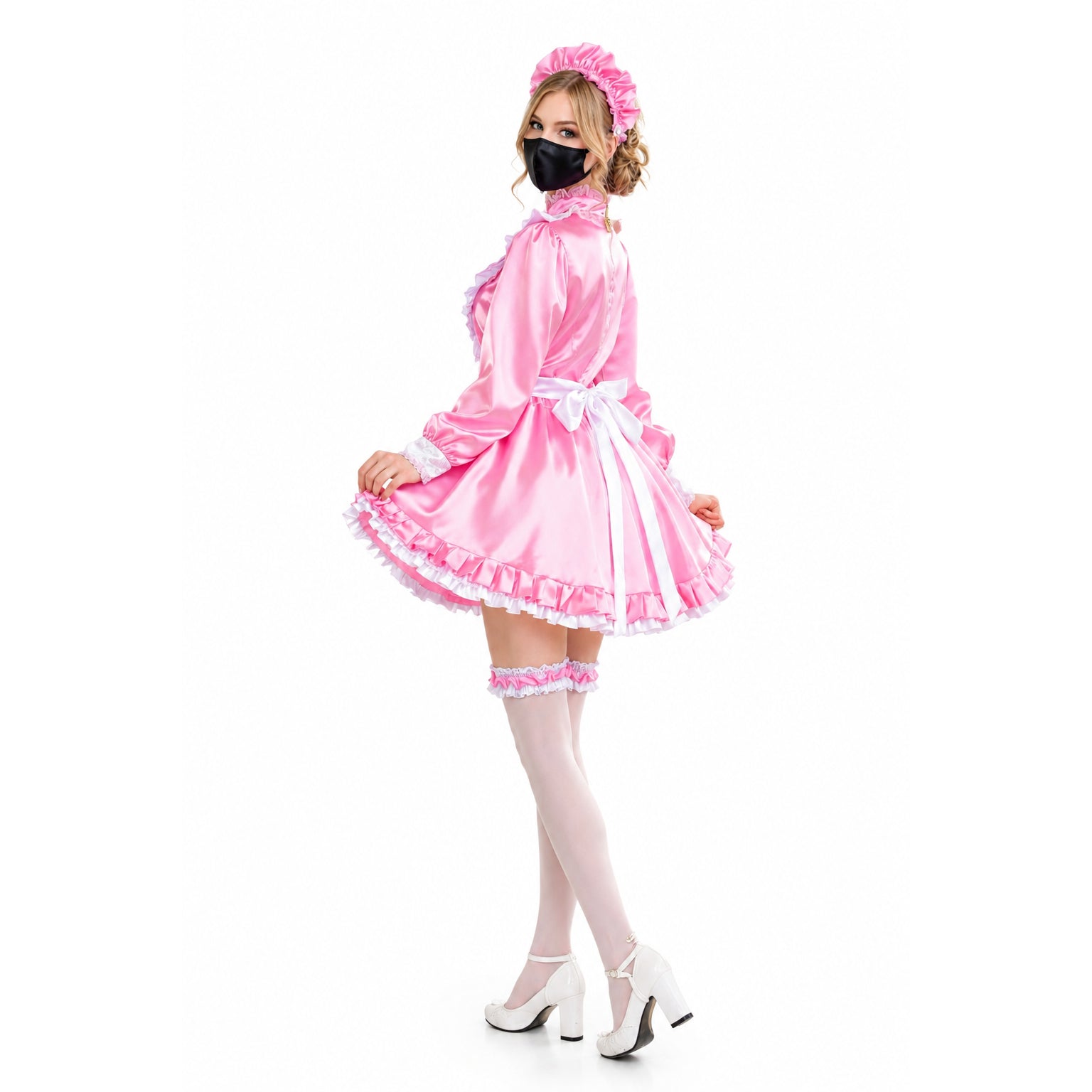 Pink sissy maid dress with ruffles, white bow, and matching bonnet, styled with thigh highs and heels