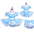 Blue satin sissy maid dress set with lace trim, puff sleeves, and matching panties on mannequin