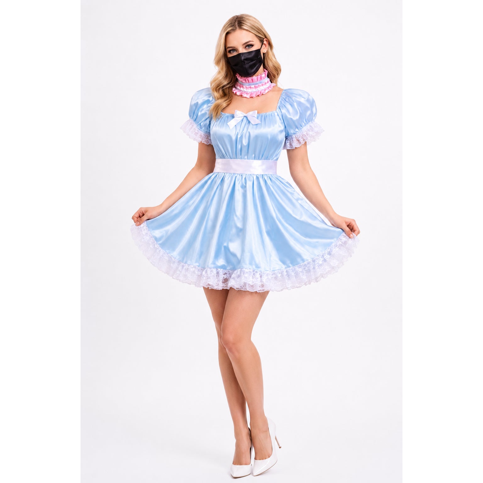 Light blue satin sissy maid dress with lace trim, puff sleeves, and white bow, paired with pink ruffled collar and white heels