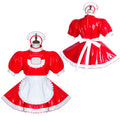 Red PVC sissy maid dress with white frills, apron, and matching bonnet, shown front and back