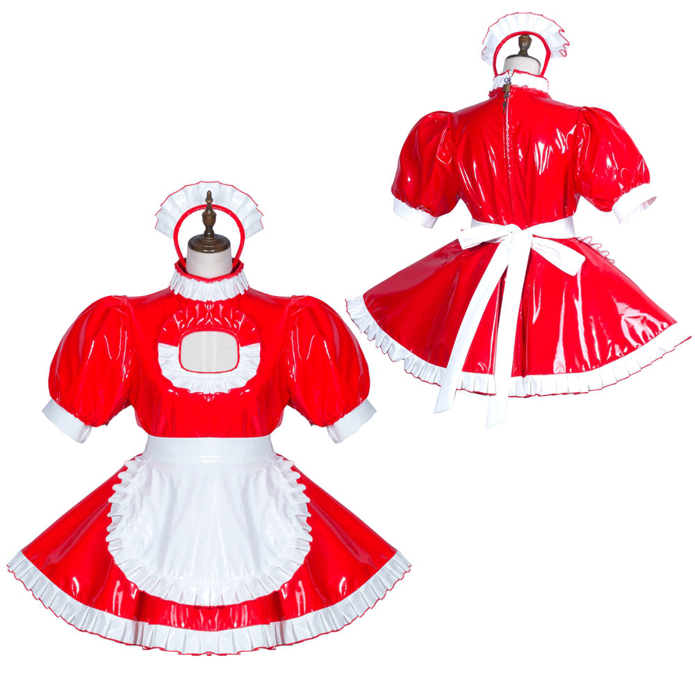 Red PVC sissy maid dress with white frills, apron, and matching bonnet, shown front and back