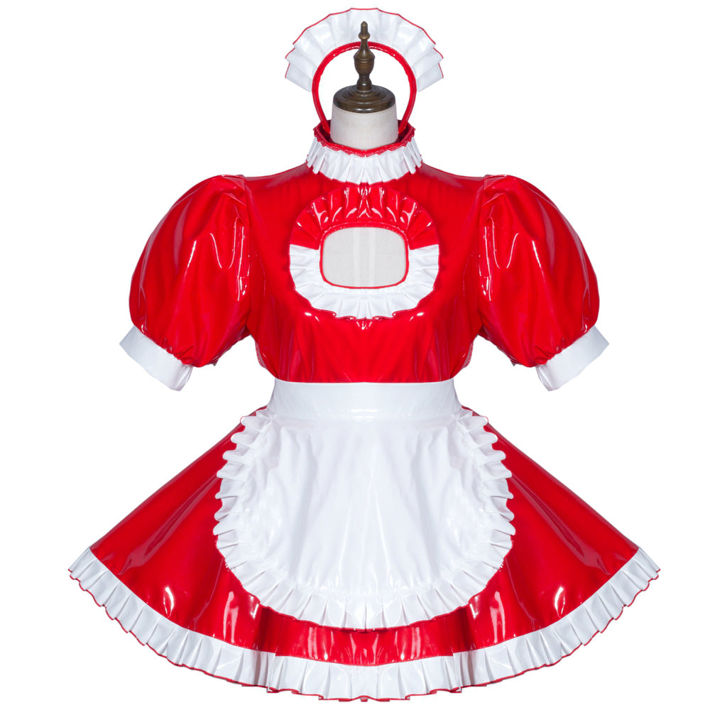 Red and white PVC sissy maid dress with ruffles, puffed sleeves, and matching headpiece