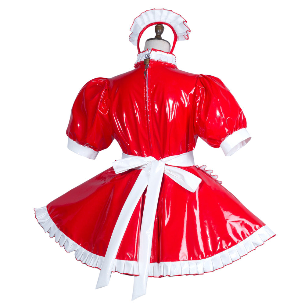 Red PVC sissy maid dress with white trim, bow, and matching hat, displayed on mannequin