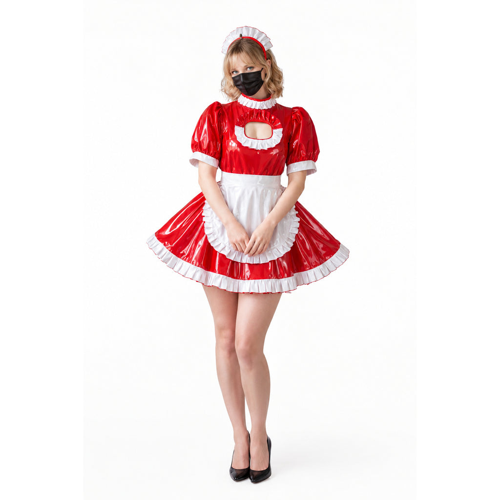 Red and white PVC maid dress with ruffles, apron, and headpiece, styled for costume fashion