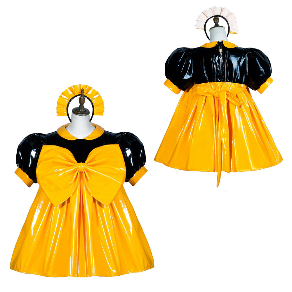 Black and yellow PVC sissy maid dress with bow, puffed sleeves, and matching headpiece