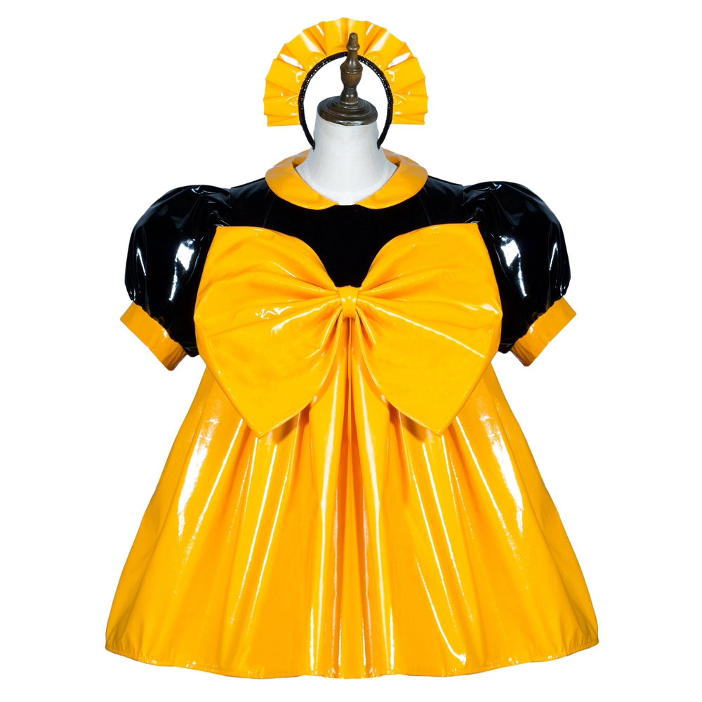 Yellow and black PVC sissy maid dress with large bow and matching headband