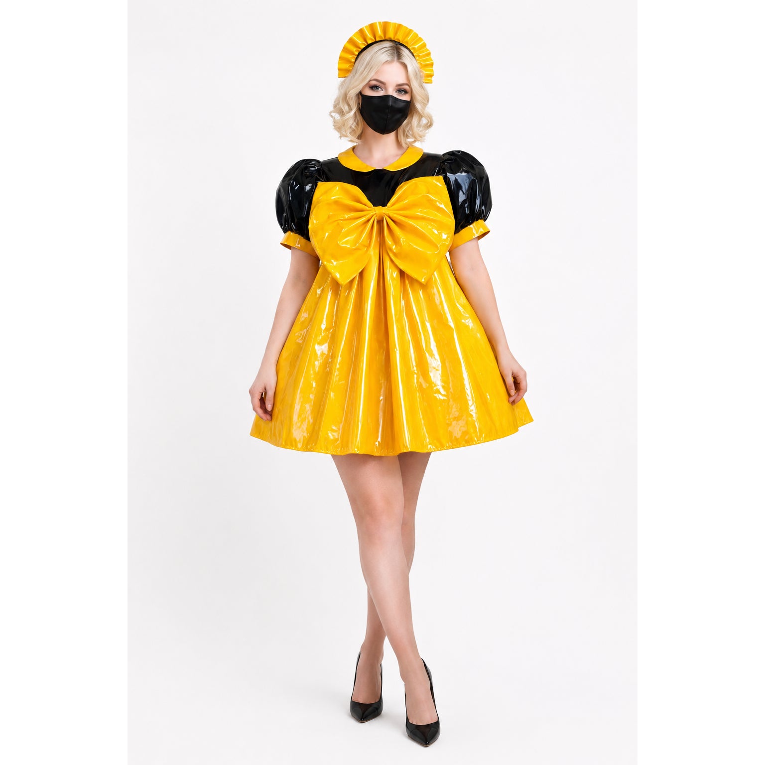 Yellow and black PVC sissy maid dress with large bow, puffed sleeves, and matching headband
