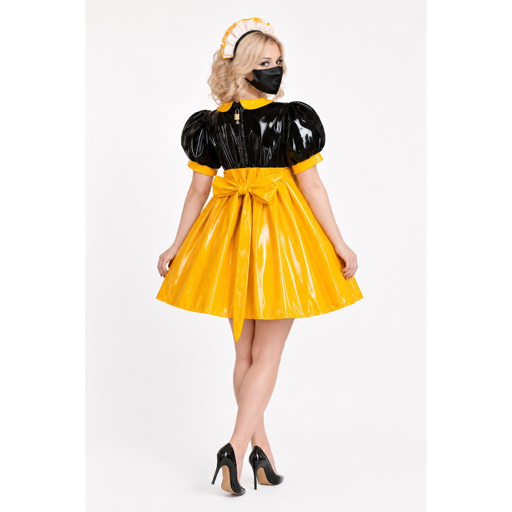 Black and yellow PVC sissy maid dress with puff sleeves, bow waist, and matching headband