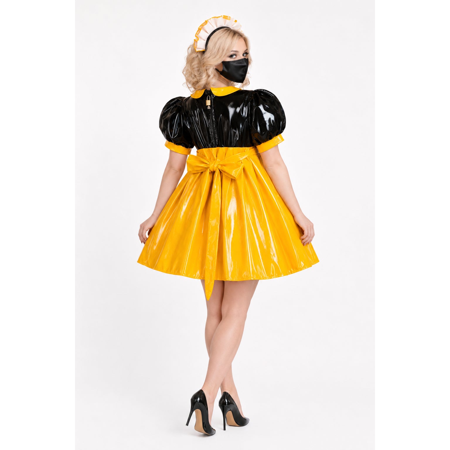 Black and yellow PVC sissy maid dress with puff sleeves, bow waist, and matching headband